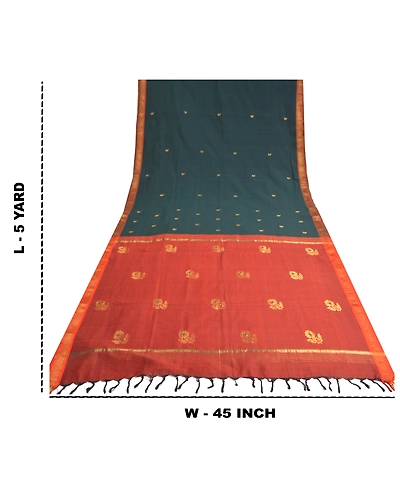 Sanskriti Vintage Deep Green Heavy Sarees Cotton Woven Brocade Zari Sari Fabric, PS-61062-Deep Green &amp; Rusty Orange-Zari Work-Cotton-1