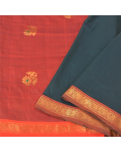 Sanskriti Vintage Deep Green Heavy Sarees Cotton Woven Brocade Zari Sari Fabric, PS-61062-Deep Green &amp; Rusty Orange-Zari Work-Cotton-2