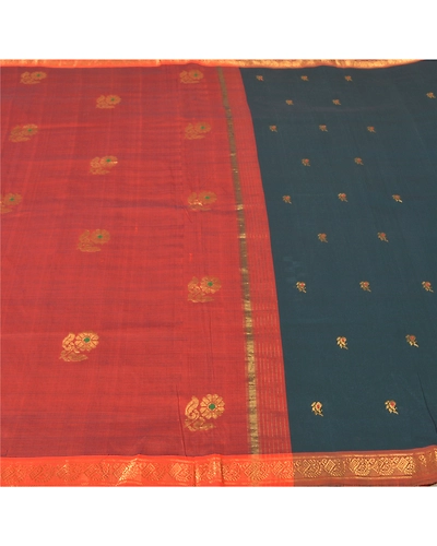 Sanskriti Vintage Deep Green Heavy Sarees Cotton Woven Brocade Zari Sari Fabric, PS-61062-Deep Green &amp; Rusty Orange-Zari Work-Cotton-4