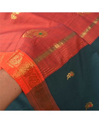 Sanskriti Vintage Deep Green Heavy Sarees Cotton Woven Brocade Zari Sari Fabric, PS-61062-Deep Green &amp; Rusty Orange-Zari Work-Cotton-5