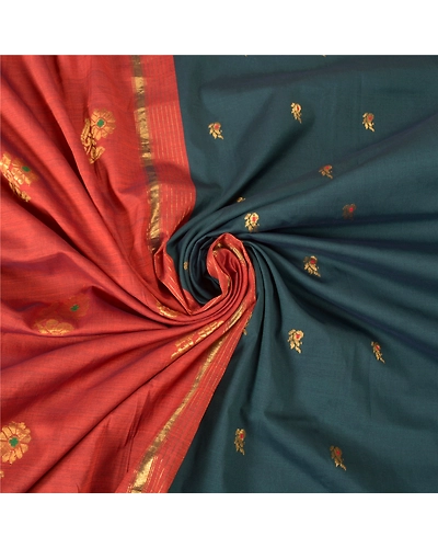 Sanskriti Vintage Deep Green Heavy Sarees Cotton Woven Brocade Zari Sari Fabric, PS-61062-Deep Green &amp; Rusty Orange-Zari Work-Cotton-7
