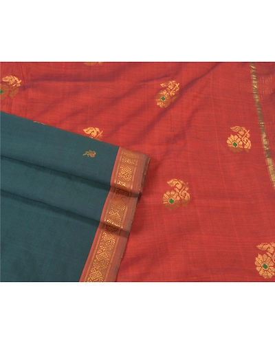 Sanskriti Vintage Deep Green Heavy Sarees Cotton Woven Brocade Zari Sari Fabric, PS-61062-Deep Green &amp; Rusty Orange-Zari Work-Cotton-8