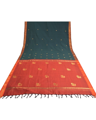 Sanskriti Vintage Deep Green Heavy Sarees Cotton Woven Brocade Zari Sari Fabric, PS-61062-Deep Green &amp; Rusty Orange-Zari Work-Cotton-9