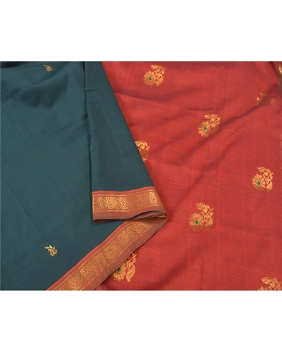 Sanskriti Vintage Deep Green Heavy Sarees Cotton Woven Brocade Zari Sari Fabric, PS-61062-Deep Green &amp; Rusty Orange-Zari Work-Cotton-10