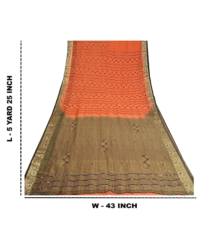 Sanskriti Vintage Orange Sarees Georgette Hand Beaded Ethnic Sari Fabric, PS-61094-Orange &amp; Black-Sequins Work-Pure Silk-1