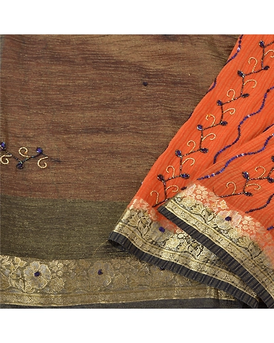 Sanskriti Vintage Orange Sarees Georgette Hand Beaded Ethnic Sari Fabric, PS-61094-Orange &amp; Black-Sequins Work-Pure Silk-2