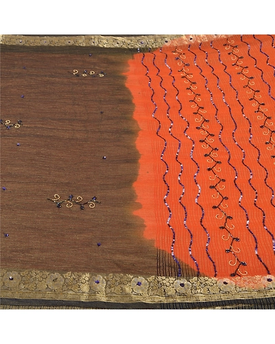 Sanskriti Vintage Orange Sarees Georgette Hand Beaded Ethnic Sari Fabric, PS-61094-Orange &amp; Black-Sequins Work-Pure Silk-4