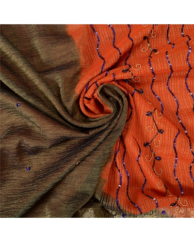 Sanskriti Vintage Orange Sarees Georgette Hand Beaded Ethnic Sari Fabric, PS-61094-Orange &amp; Black-Sequins Work-Pure Silk-7