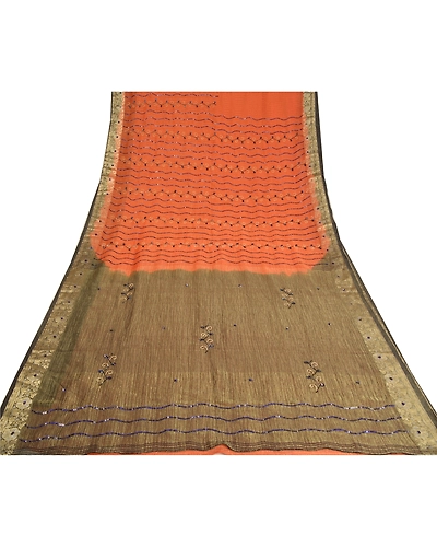 Sanskriti Vintage Orange Sarees Georgette Hand Beaded Ethnic Sari Fabric, PS-61094-Orange &amp; Black-Sequins Work-Pure Silk-9