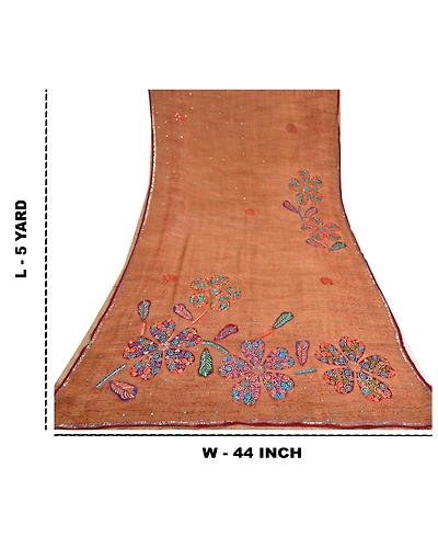 Sanskriti Vintage Bollywood Sarees Pure Georgette Silk Hand Beaded Sari Fabric, PS-61099-Brown-Sequins Work-Pure Georgette Silk-1