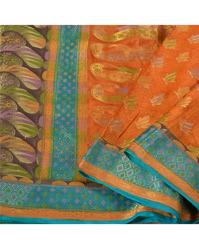 Sanskriti Vintage Saffron Sarees 100% Pure Silk Woven Premium Sari Craft Fabric, PS-61101-Saffron-Woven Work-Pure Silk-2