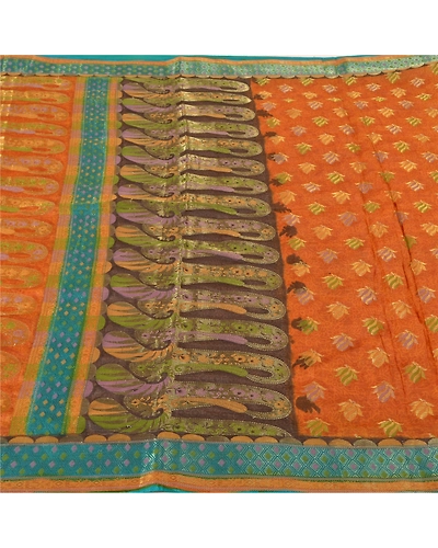 Sanskriti Vintage Saffron Sarees 100% Pure Silk Woven Premium Sari Craft Fabric, PS-61101-Saffron-Woven Work-Pure Silk-4