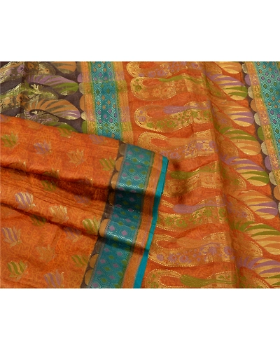 Sanskriti Vintage Saffron Sarees 100% Pure Silk Woven Premium Sari Craft Fabric, PS-61101-Saffron-Woven Work-Pure Silk-8