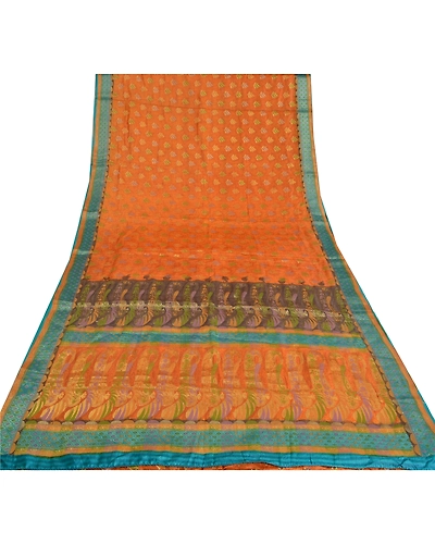 Sanskriti Vintage Saffron Sarees 100% Pure Silk Woven Premium Sari Craft Fabric, PS-61101-Saffron-Woven Work-Pure Silk-9