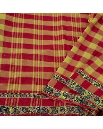 Sanskriti Vintage Sarees 100% Pure Cotton Woven Chettinard Premium Sari Fabric, PS-61109-Dark Red &amp; Green-Woven Work-Pure Cotton-2