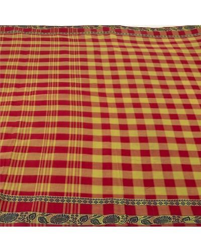 Sanskriti Vintage Sarees 100% Pure Cotton Woven Chettinard Premium Sari Fabric, PS-61109-Dark Red &amp; Green-Woven Work-Pure Cotton-4