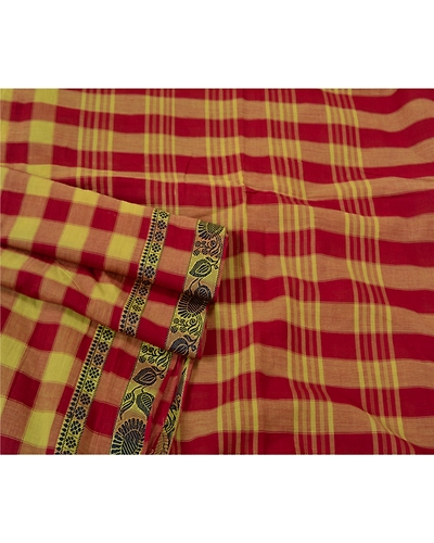 Sanskriti Vintage Sarees 100% Pure Cotton Woven Chettinard Premium Sari Fabric, PS-61109-Dark Red &amp; Green-Woven Work-Pure Cotton-8