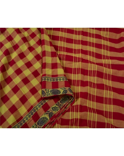 Sanskriti Vintage Sarees 100% Pure Cotton Woven Chettinard Premium Sari Fabric, PS-61109-Dark Red &amp; Green-Woven Work-Pure Cotton-10