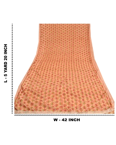 Sanskriti Vintage Peach Sarees Chiffon Embroidered Bagh Phulkari Sari Fabric, PS-61114-Peach-Thread Work-Chiffon-1
