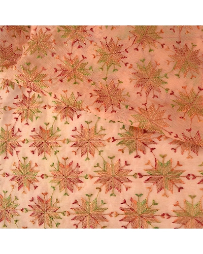 Sanskriti Vintage Peach Sarees Chiffon Embroidered Bagh Phulkari Sari Fabric, PS-61114-Peach-Thread Work-Chiffon-3