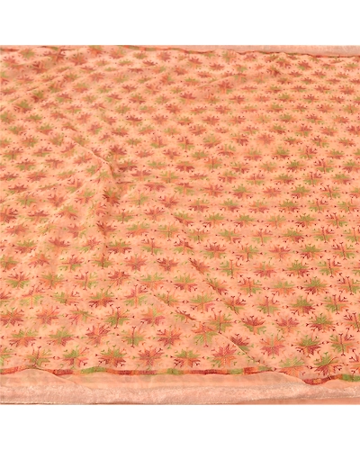 Sanskriti Vintage Peach Sarees Chiffon Embroidered Bagh Phulkari Sari Fabric, PS-61114-Peach-Thread Work-Chiffon-4