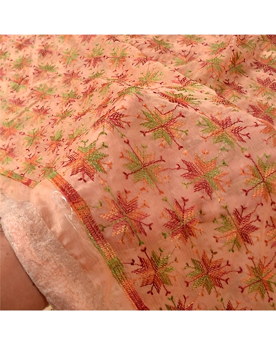 Sanskriti Vintage Peach Sarees Chiffon Embroidered Bagh Phulkari Sari Fabric, PS-61114-Peach-Thread Work-Chiffon-5