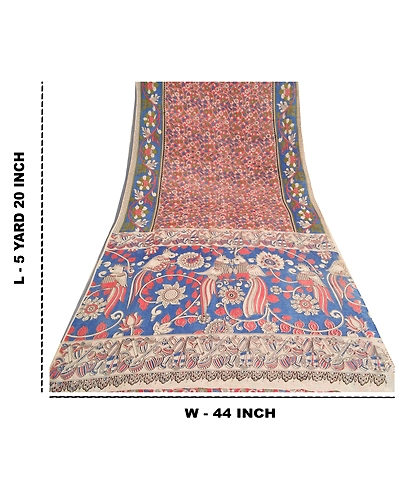 Sanskriti Vintage Blue Indian Sarees Blend Silk Handmade Kalamkari Sari Fabric, PS-61119-Blue &amp; Red-Kalamkari Work-Blend Silk-1