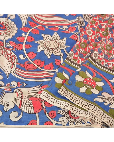 Sanskriti Vintage Blue Indian Sarees Blend Silk Handmade Kalamkari Sari Fabric, PS-61119-Blue &amp; Red-Kalamkari Work-Blend Silk-2