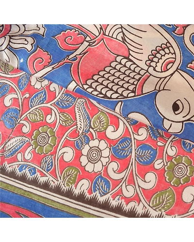 Sanskriti Vintage Blue Indian Sarees Blend Silk Handmade Kalamkari Sari Fabric, PS-61119-Blue &amp; Red-Kalamkari Work-Blend Silk-3