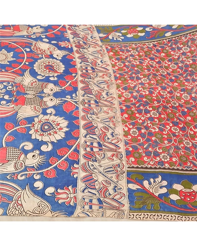 Sanskriti Vintage Blue Indian Sarees Blend Silk Handmade Kalamkari Sari Fabric, PS-61119-Blue &amp; Red-Kalamkari Work-Blend Silk-4