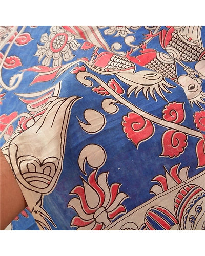 Sanskriti Vintage Blue Indian Sarees Blend Silk Handmade Kalamkari Sari Fabric, PS-61119-Blue &amp; Red-Kalamkari Work-Blend Silk-5