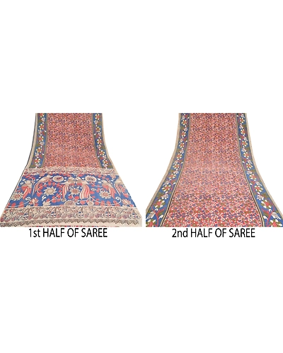 Sanskriti Vintage Blue Indian Sarees Blend Silk Handmade Kalamkari Sari Fabric, PS-61119-Blue &amp; Red-Kalamkari Work-Blend Silk-6