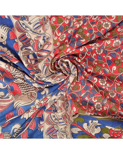 Sanskriti Vintage Blue Indian Sarees Blend Silk Handmade Kalamkari Sari Fabric, PS-61119-Blue &amp; Red-Kalamkari Work-Blend Silk-7