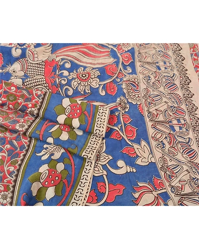 Sanskriti Vintage Blue Indian Sarees Blend Silk Handmade Kalamkari Sari Fabric, PS-61119-Blue &amp; Red-Kalamkari Work-Blend Silk-8