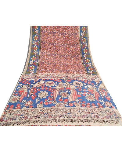 Sanskriti Vintage Blue Indian Sarees Blend Silk Handmade Kalamkari Sari Fabric, PS-61119-Blue &amp; Red-Kalamkari Work-Blend Silk-9