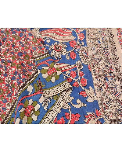Sanskriti Vintage Blue Indian Sarees Blend Silk Handmade Kalamkari Sari Fabric, PS-61119-Blue &amp; Red-Kalamkari Work-Blend Silk-10