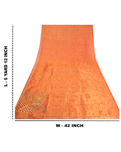 Sanskriti Vintage Golden Orange Sarees Tissue Hand Beaded Woven Sari Fabric, PS-61122-Golden Orange-Beaded Work-Tissue-1