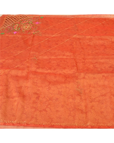 Sanskriti Vintage Golden Orange Sarees Tissue Hand Beaded Woven Sari Fabric, PS-61122-Golden Orange-Beaded Work-Tissue-4