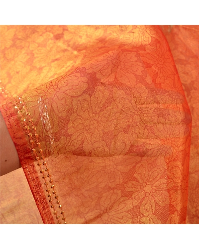 Sanskriti Vintage Golden Orange Sarees Tissue Hand Beaded Woven Sari Fabric, PS-61122-Golden Orange-Beaded Work-Tissue-5