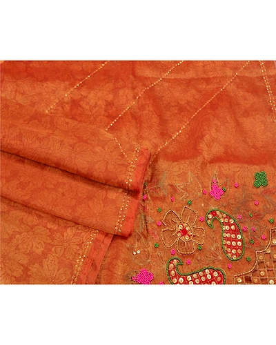 Sanskriti Vintage Golden Orange Sarees Tissue Hand Beaded Woven Sari Fabric, PS-61122-Golden Orange-Beaded Work-Tissue-8