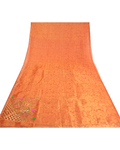 Sanskriti Vintage Golden Orange Sarees Tissue Hand Beaded Woven Sari Fabric, PS-61122-Golden Orange-Beaded Work-Tissue-9