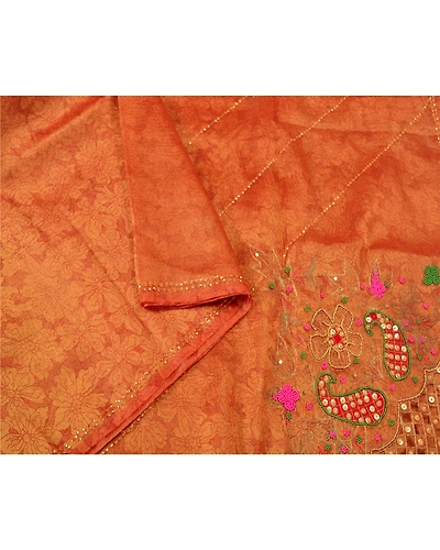 Sanskriti Vintage Golden Orange Sarees Tissue Hand Beaded Woven Sari Fabric, PS-61122-Golden Orange-Beaded Work-Tissue-10