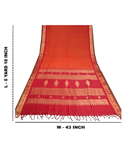 Sanskriti Vintage Orange Sarees Blend Silk Woven Brocade Premium Sari Fabric, PS-61129-Orange &amp; Dark Red-Zari Work-Blend Silk-1