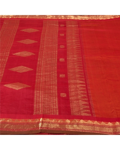 Sanskriti Vintage Orange Sarees Blend Silk Woven Brocade Premium Sari Fabric, PS-61129-Orange &amp; Dark Red-Zari Work-Blend Silk-4
