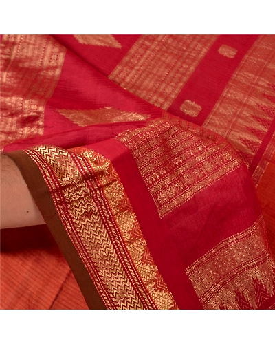 Sanskriti Vintage Orange Sarees Blend Silk Woven Brocade Premium Sari Fabric, PS-61129-Orange &amp; Dark Red-Zari Work-Blend Silk-5