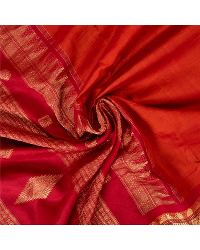 Sanskriti Vintage Orange Sarees Blend Silk Woven Brocade Premium Sari Fabric, PS-61129-Orange &amp; Dark Red-Zari Work-Blend Silk-7