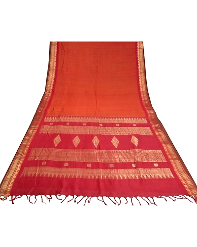 Sanskriti Vintage Orange Sarees Blend Silk Woven Brocade Premium Sari Fabric, PS-61129-Orange &amp; Dark Red-Zari Work-Blend Silk-9