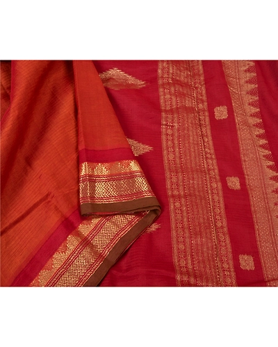Sanskriti Vintage Orange Sarees Blend Silk Woven Brocade Premium Sari Fabric, PS-61129-Orange &amp; Dark Red-Zari Work-Blend Silk-10