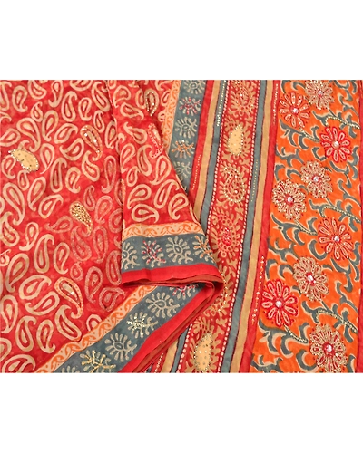 Sanskriti Vintage Bollywood Sarees Pure Georgette Silk Hand Beaded Sari Fabric, PS-61133-Red-Sequins Work-Pure Georgette Silk-10