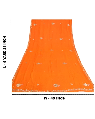 Sanskriti Vintage Bollywood Sarees Pure Georgette Silk Hand Beaded Sari Fabric, PS-61140-Orange-Sequins Work-Pure Georgette Silk-1